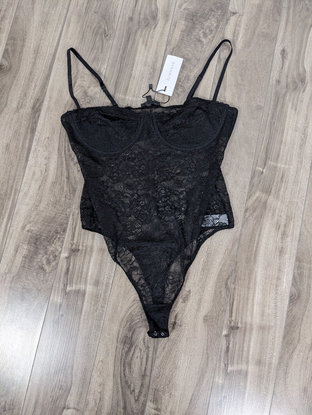 Dynamite Women's Black Sheer Lace Bodysuit Size Large Underwire